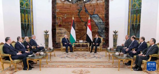 1月8日，在埃及首都开罗，埃及总统塞西（中右）同巴勒斯坦总统阿巴斯（中左）举行会谈。新华社发（埃及总统府供图）