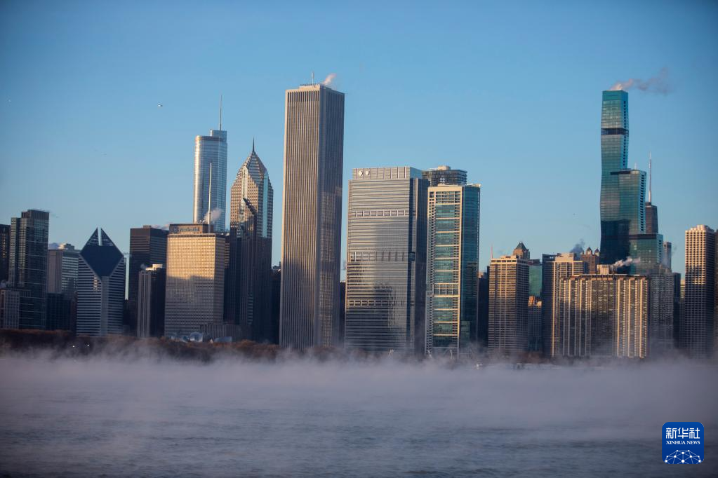 这是1月14日在美国芝加哥拍摄的严寒中的城市景观。新华社发（文森特·约翰逊摄）