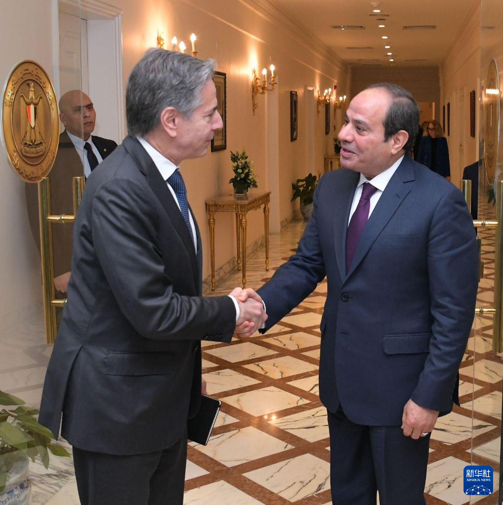 2月6日，埃及总统塞西（右）在开罗会见到访的美国国务卿布林肯。新华社发（埃及总统府供图）
