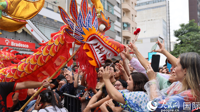 第20届欢乐春节园游会活动现场，观众与舞龙表演者互动。人民网记者 时元皓摄