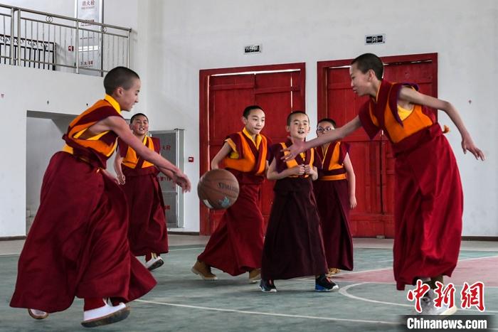3月23日，记者走进位于拉萨的西藏佛学院，探访宗教学府的新学期。图为体育课上，少年活佛在打篮球。<a target='_blank' href='http://www.chinanews.com/'><p  align=