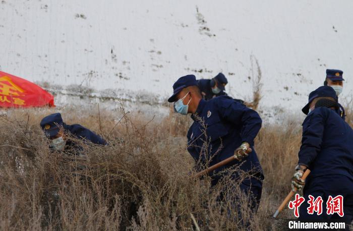 图为200余名消防员在布达拉宫后山集合除草。　赵朗 摄
